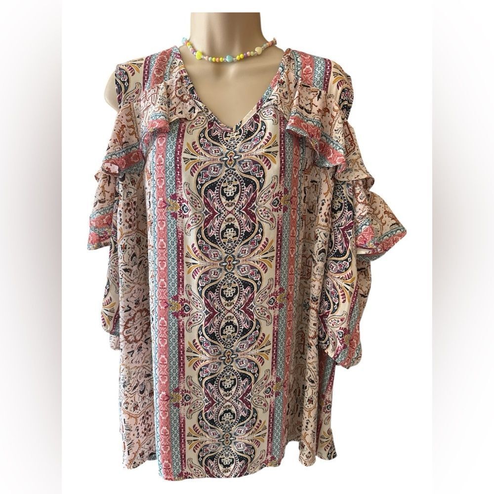 Catherines Multicolor Cold Shoulder Blouse baby 22/24 Pink Ruffles Elastic cuff